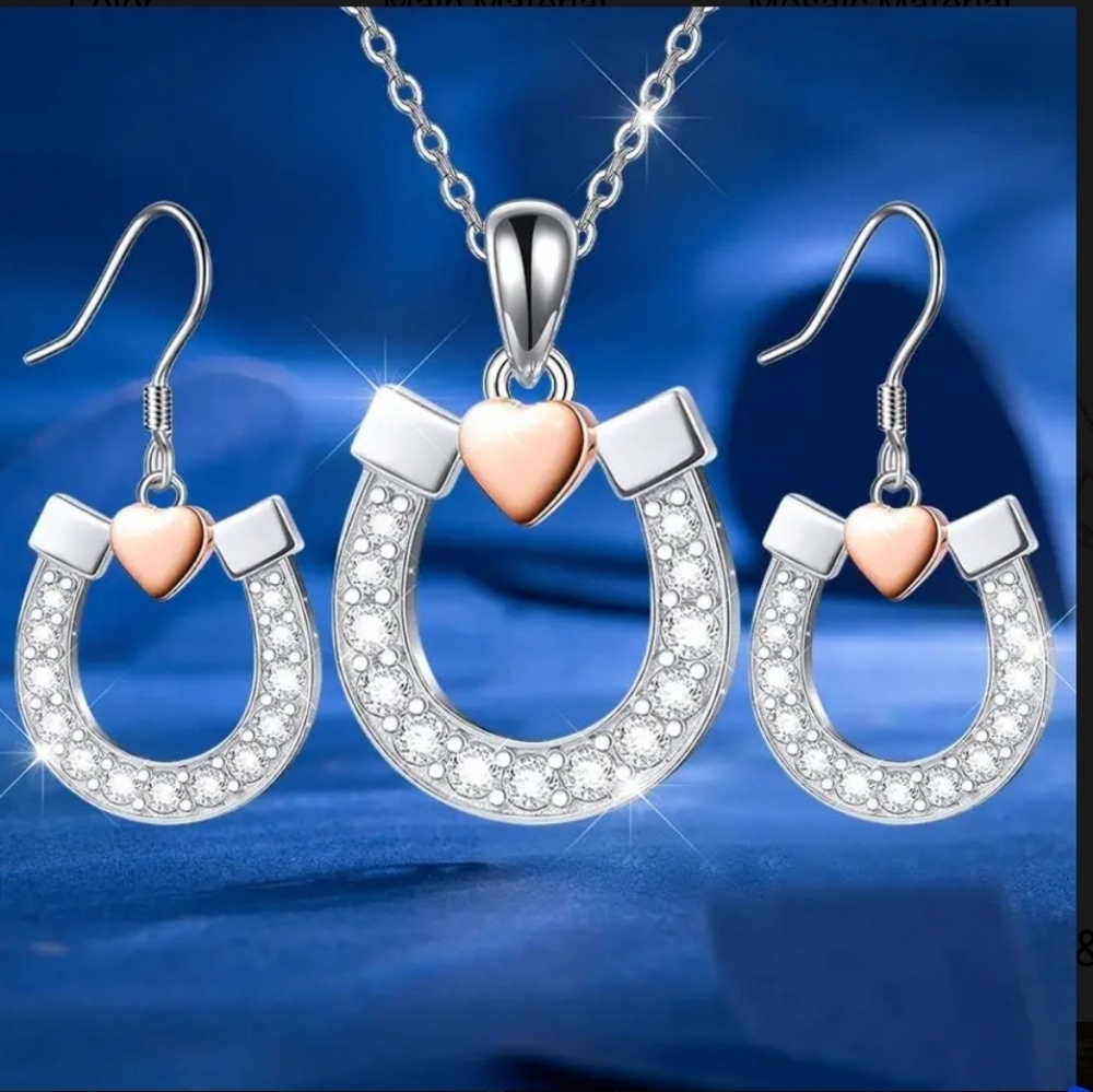 Fun Horseshoe Set Silver Rhinestone Pink Heart Dangle Earrings And Necklace NWT